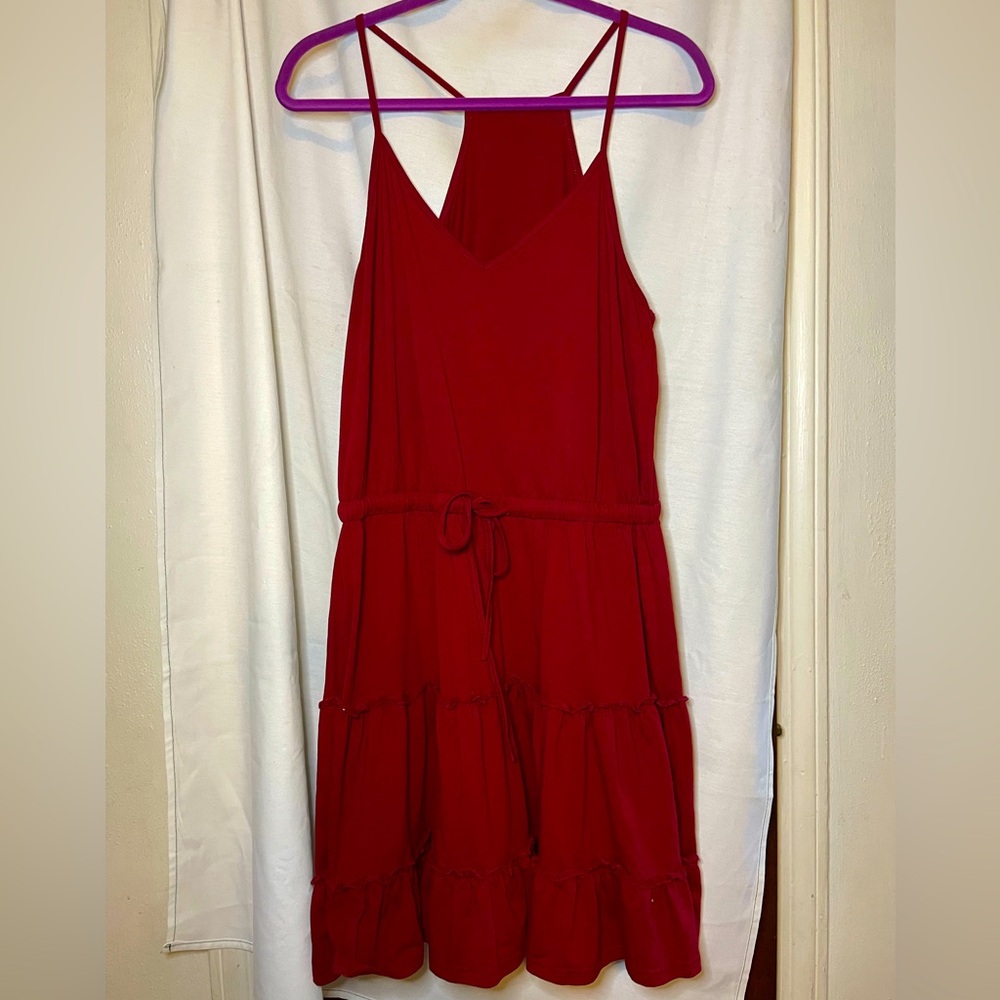 Red Spaghetti Strap Midi Dress w Layered Bottom w/ Adjustable Waist Tie Size M/L